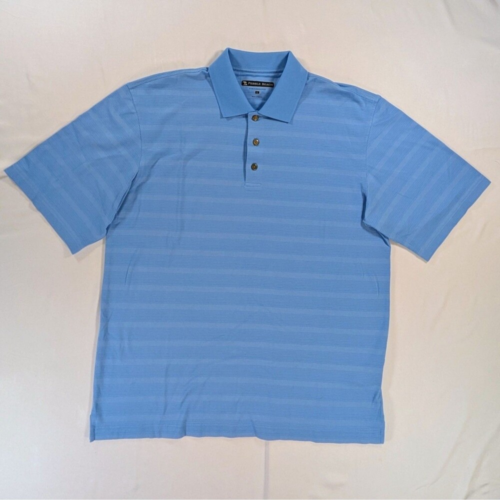 Pebble Beach Performance Men's large Blue Striped Polo Short Sleeve Button golf